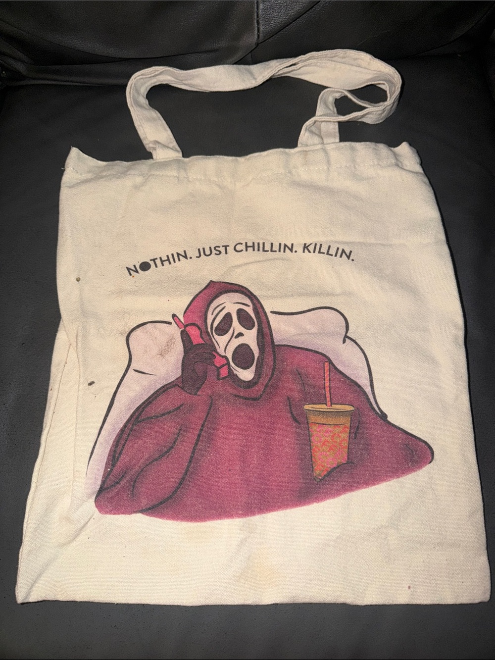 Canvas Graphic Tote Bag - Cream with Maroon Print spooky trick or treat reaper